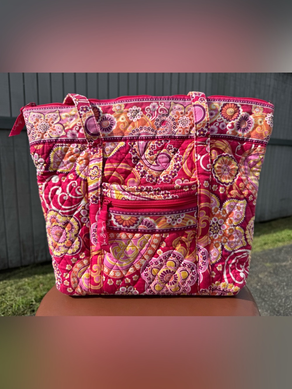Quilted Floral Tote Handbag Purse in Hot Pink, Yellow & White Raspberry Fizz